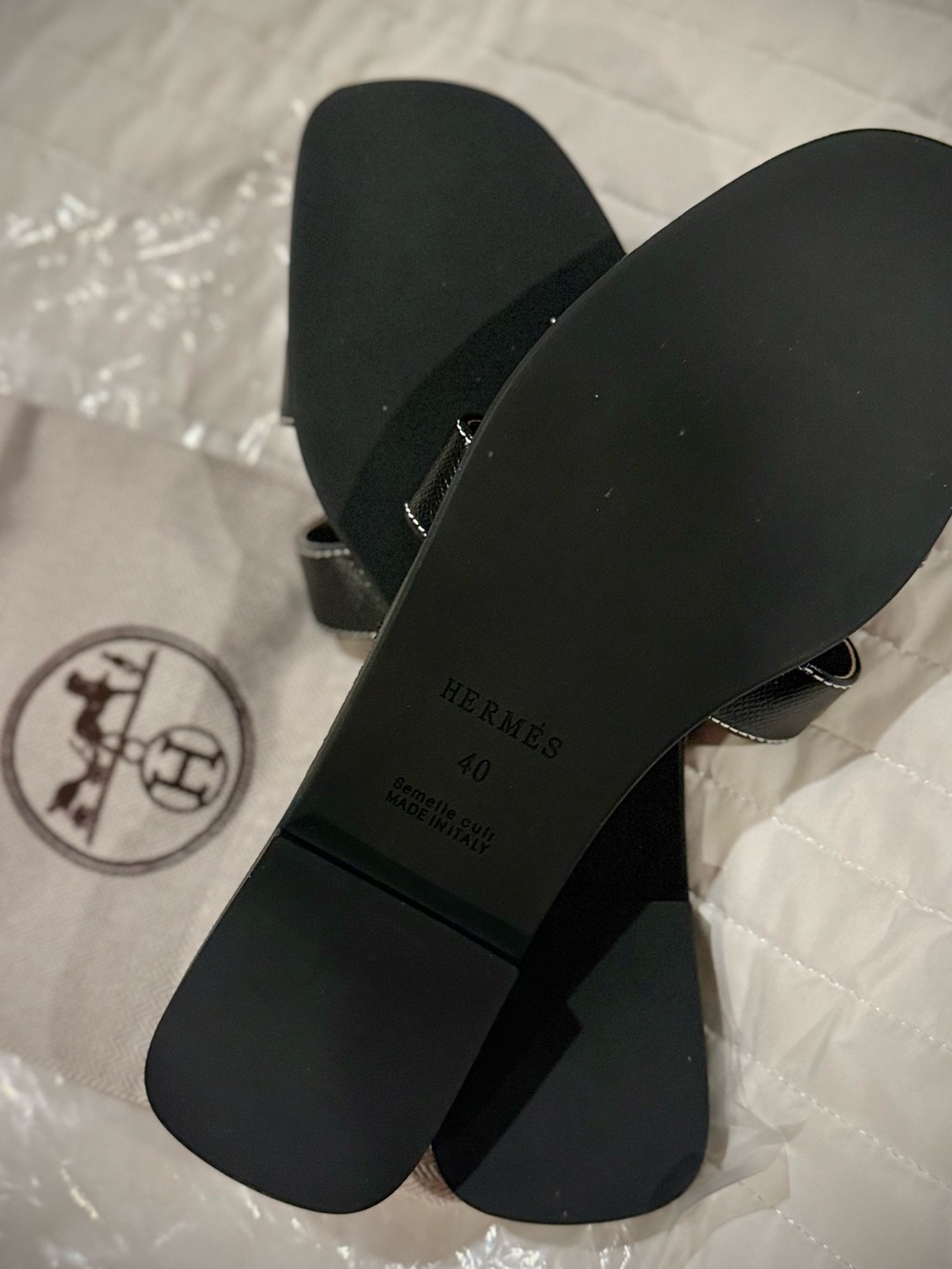 Black Leather Designer (Dupe) Sandals with Brown Insole and white stiching - Picture 3 of 8
